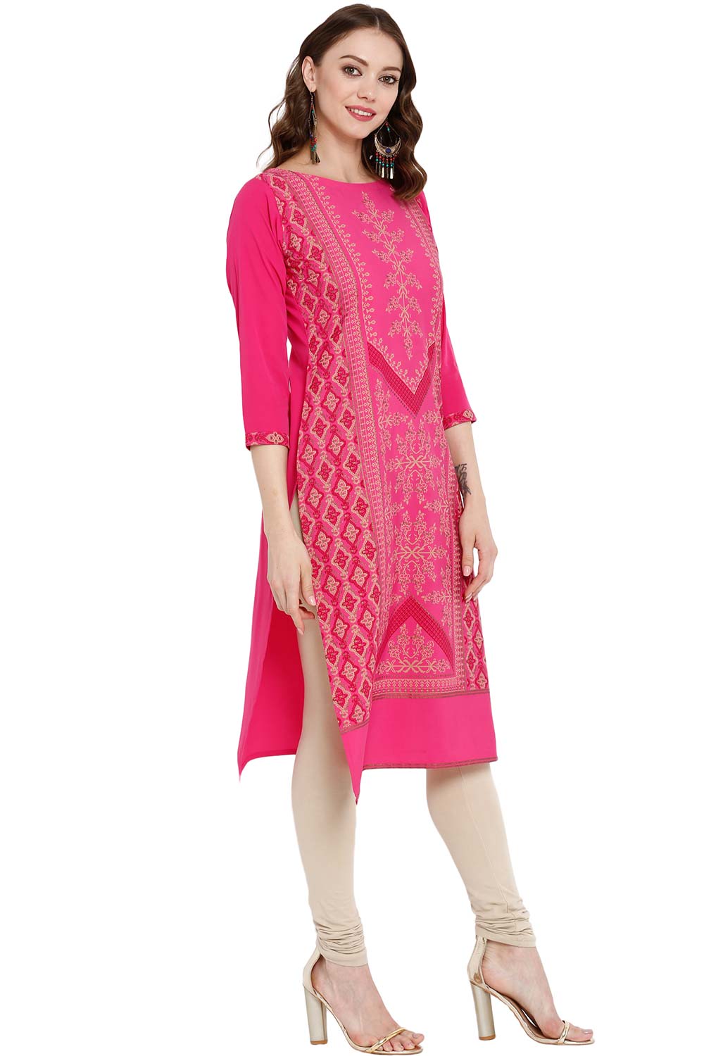 Crepe Pink Printed Straight Kurti