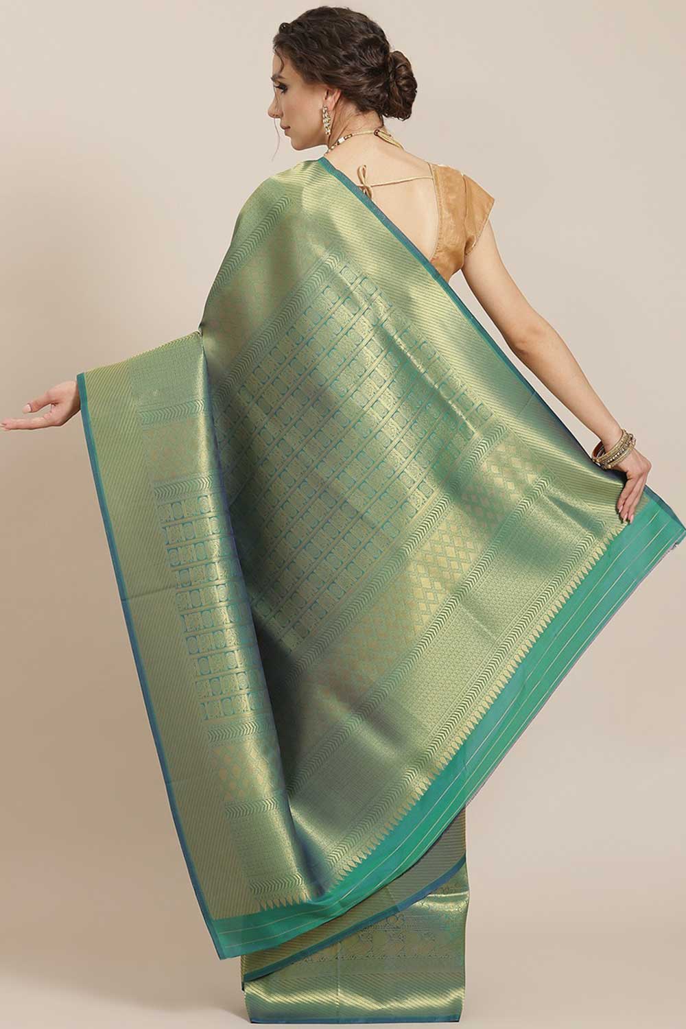 Kanjivaram Litchi Silk Woven Saree In Green