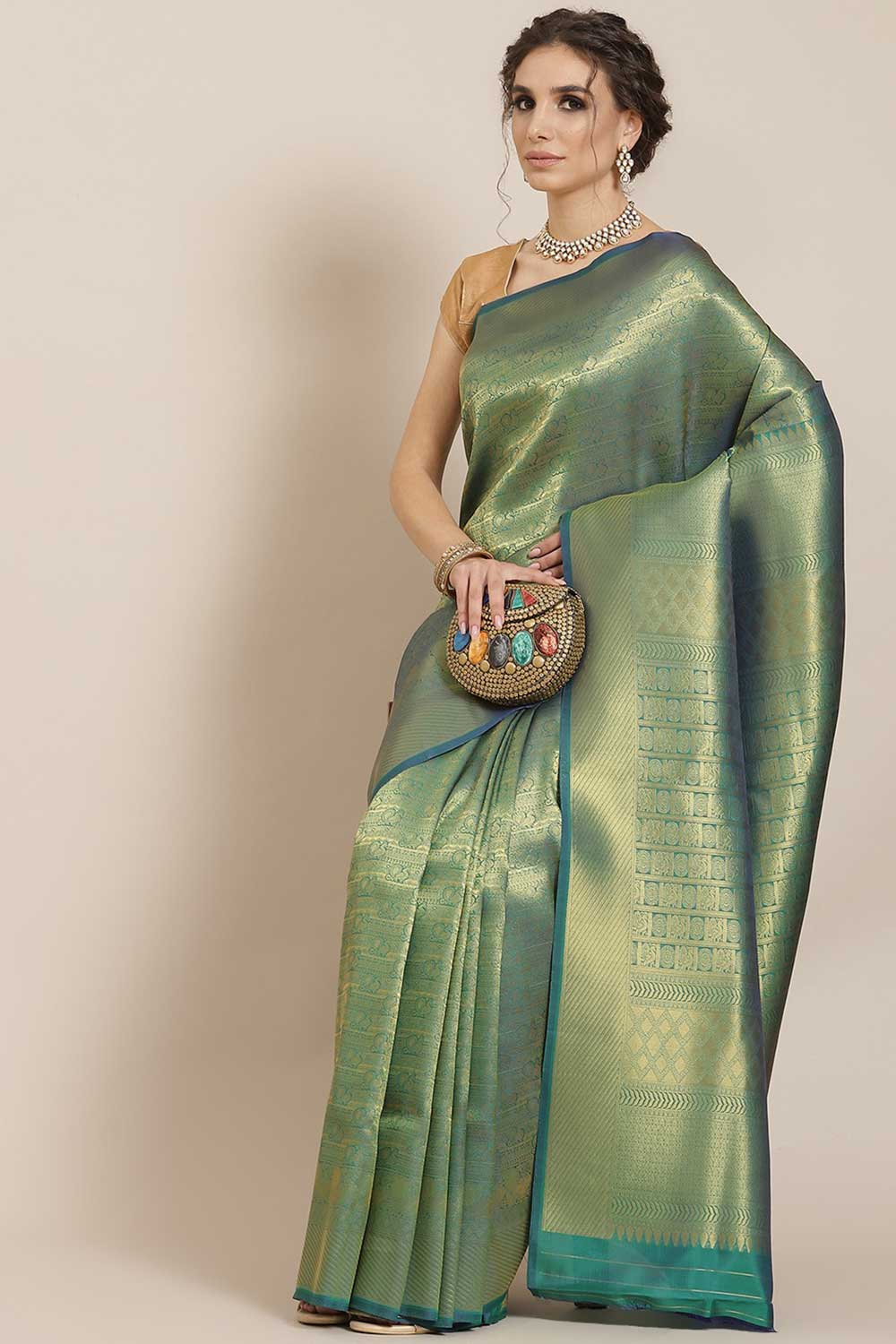 Kanjivaram Litchi Silk Woven Saree In Green