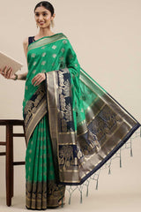 Kanjivaram Litchi Silk Woven Saree In Green - Navy