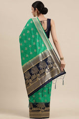 Kanjivaram Litchi Silk Woven Saree In Green - Navy