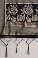 Kanjivaram Litchi Silk Woven Saree In Green - Navy