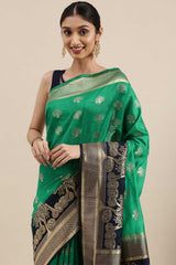 Kanjivaram Litchi Silk Woven Saree In Green - Navy