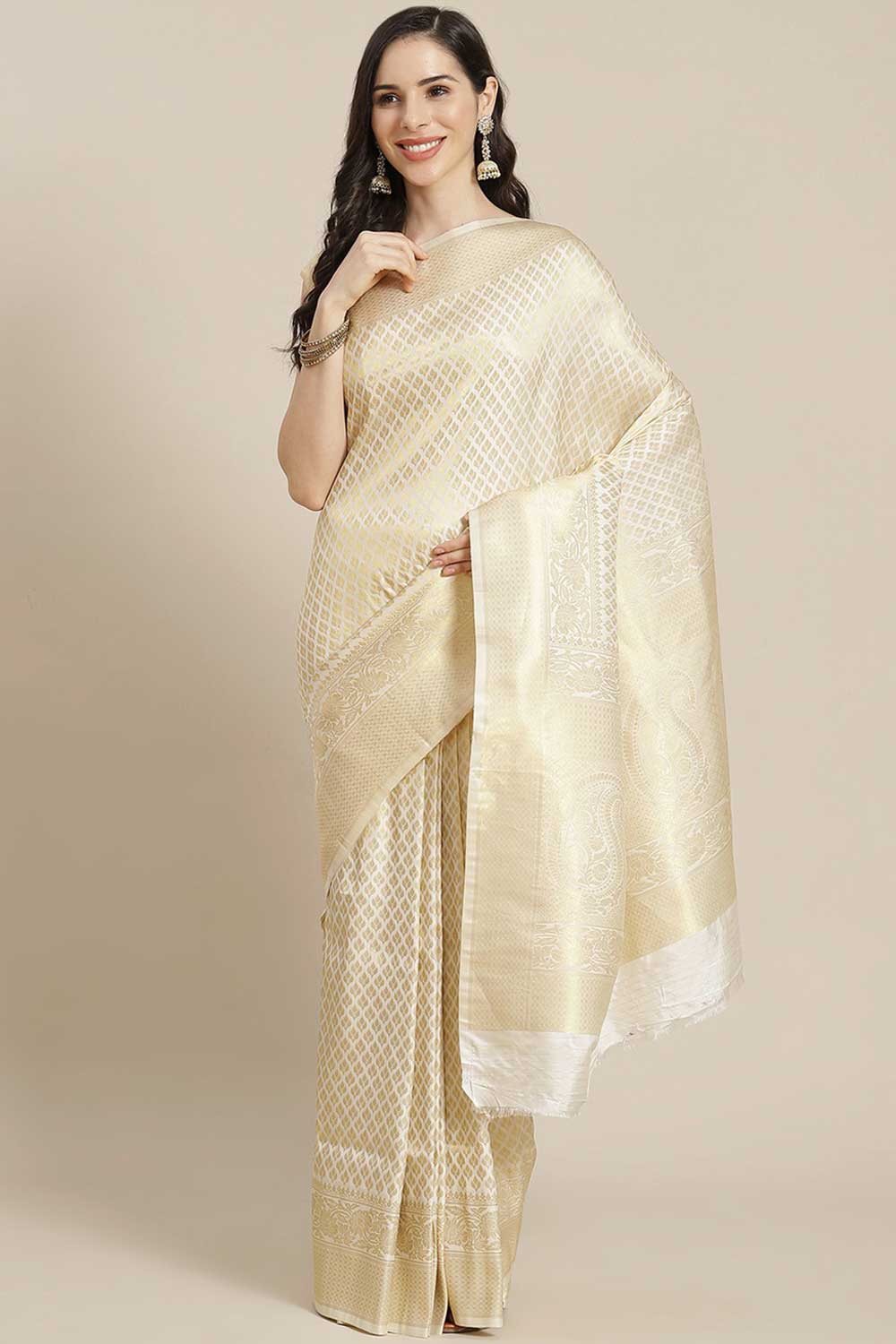 Kanjivaram Litchi Silk Woven Saree in White