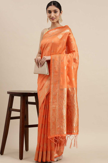 Kanjivaram Litchi Silk Woven Saree In Orange