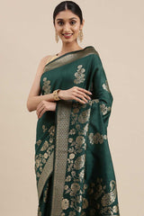 Kanjivaram Litchi Silk Woven Saree In Dark Green