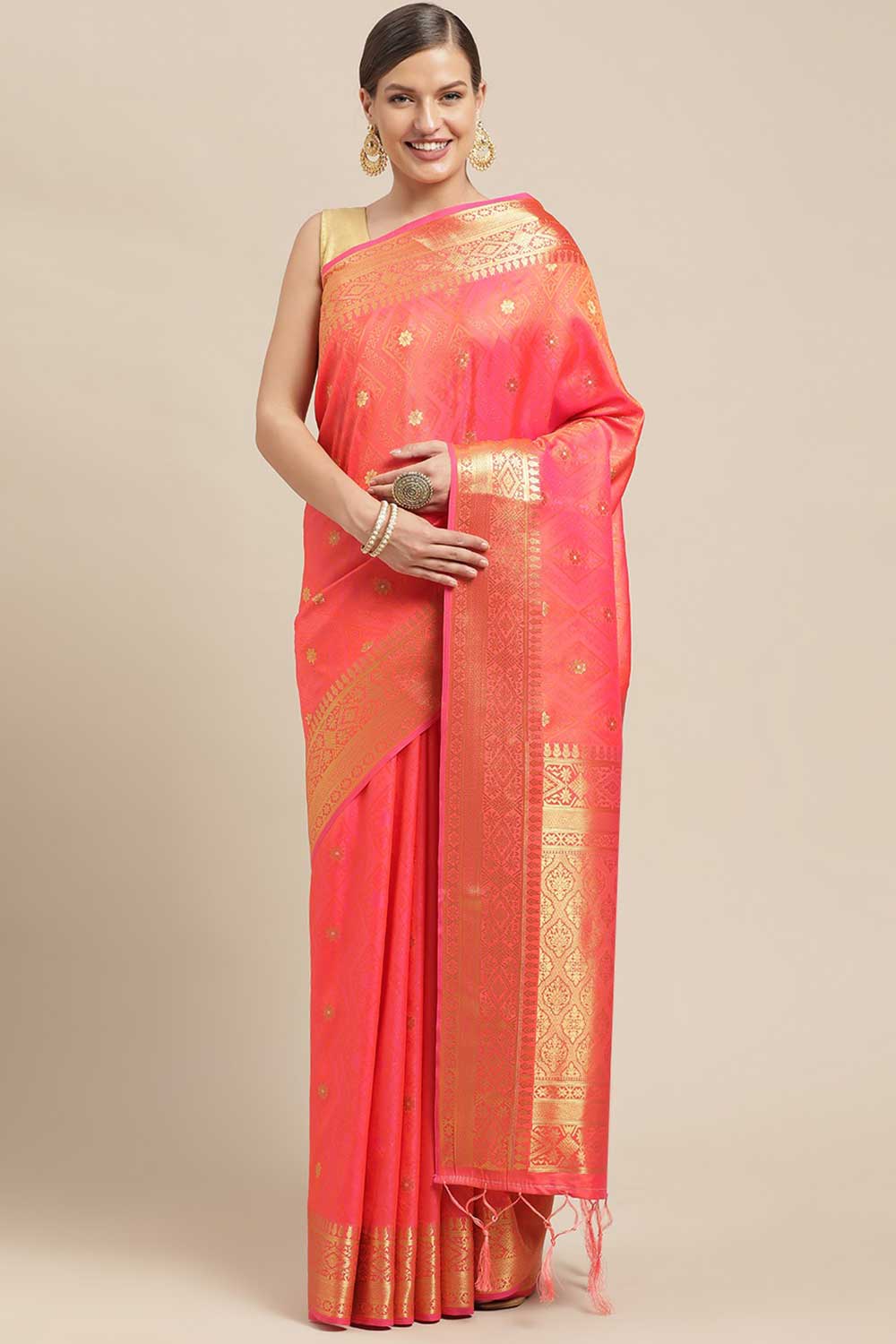 Kanjivaram Litchi Silk Woven Saree In Orange