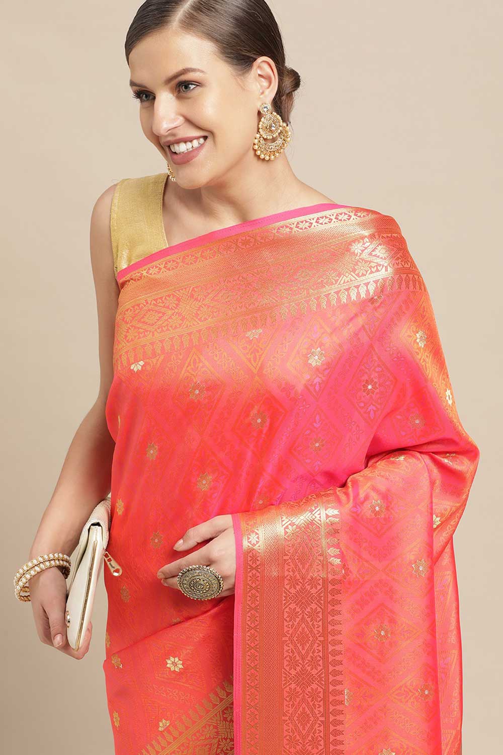 Kanjivaram Litchi Silk Woven Saree In Orange