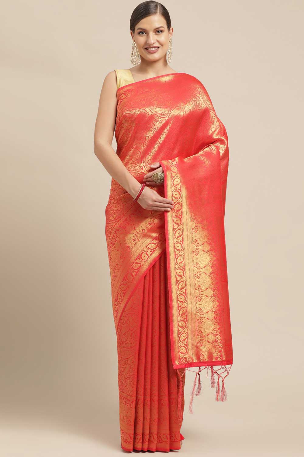 Kanjivaram Litchi Silk Woven Saree In Red