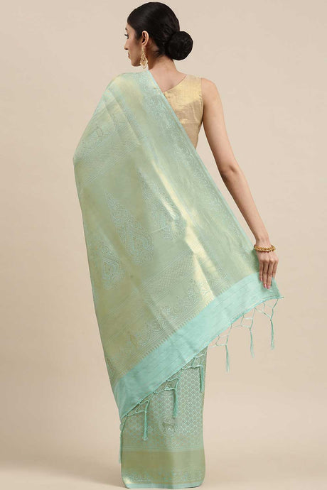 Kanjivaram Litchi Silk Woven Saree In Sea Green