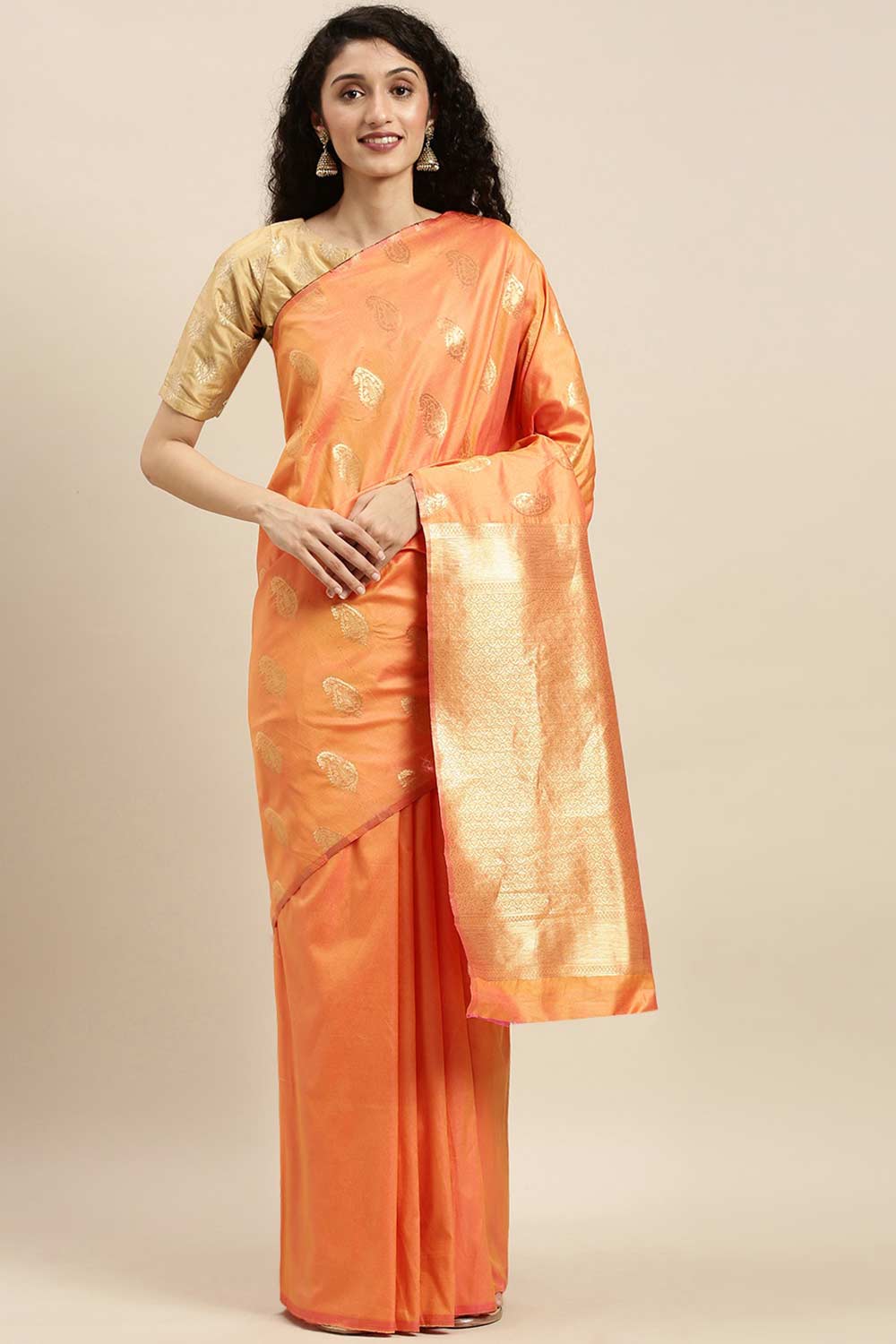 Buy Orange Kanjeevaram Silk Woven Saree Online