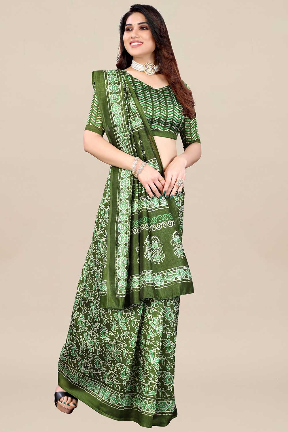 Olive Art Silk Ikat Print Saree