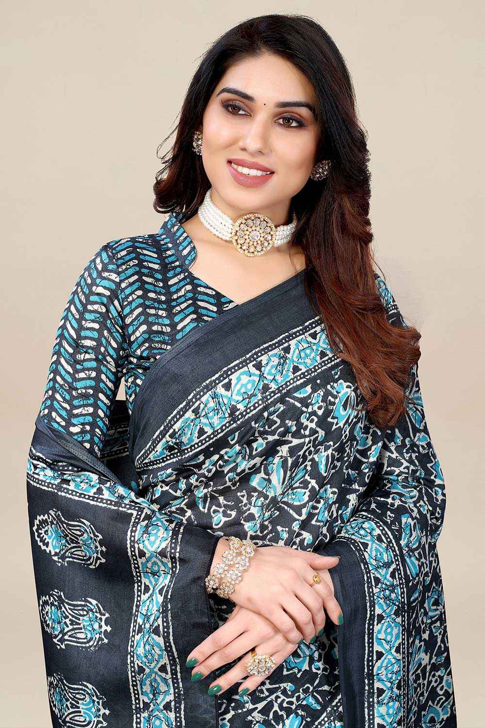 Grey Art Silk Ikat Print Saree