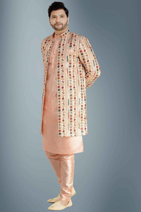 Men's Beige And Pink Uppada Silk Mirror Sequins Embroidery Kurta Pajama Set