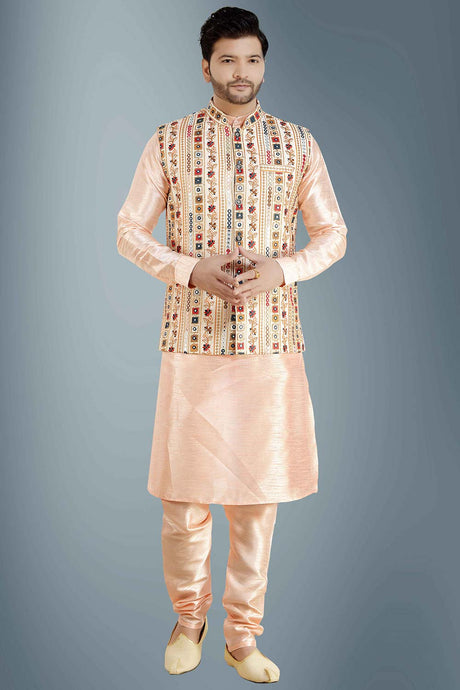 Men's Beige And Pink Uppada Silk Mirror Sequins Embroidery Kurta Pajama Set