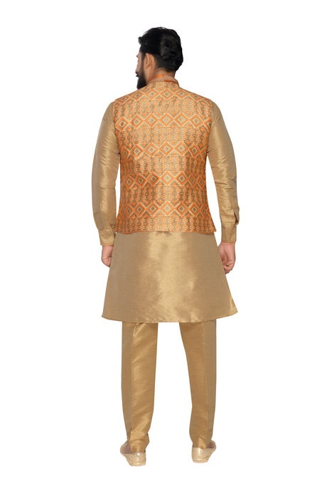 Men's Jacquard Nehru Jacket With Kurta Pajama Set In Copper Gold