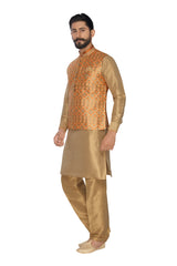 Men's Jacquard Nehru Jacket With Kurta Pajama Set In Copper Gold