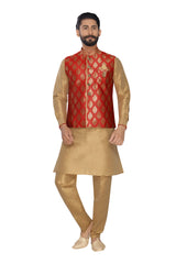 Men's Jacquard Nehru Jacket With Kurta Pajama Set In Dark Red