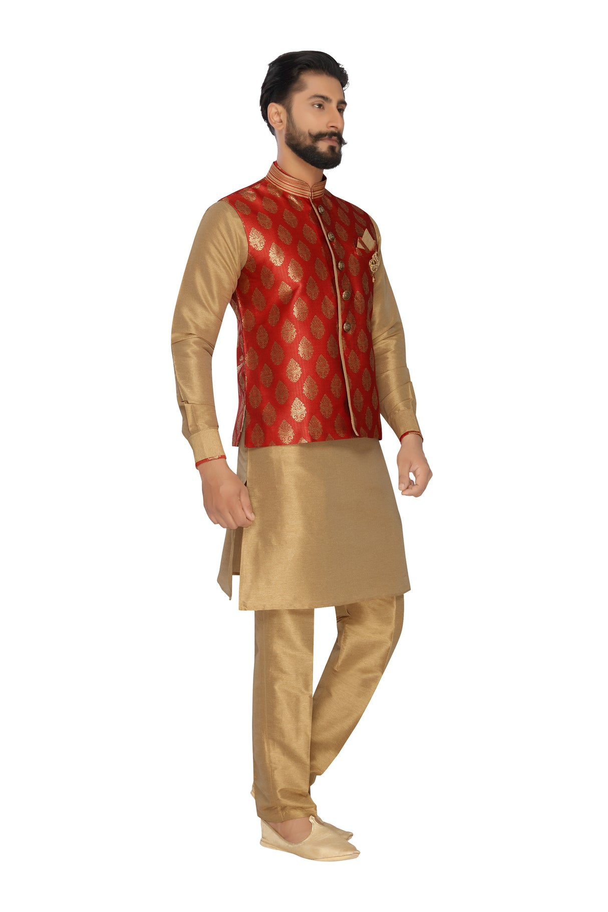 Men's Jacquard Nehru Jacket With Kurta Pajama Set In Dark Red