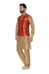 Men's Jacquard Nehru Jacket With Kurta Pajama Set In Dark Red