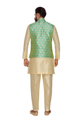 Men's Jacquard Nehru Jacket With Kurta Pajama Set In Pista Green