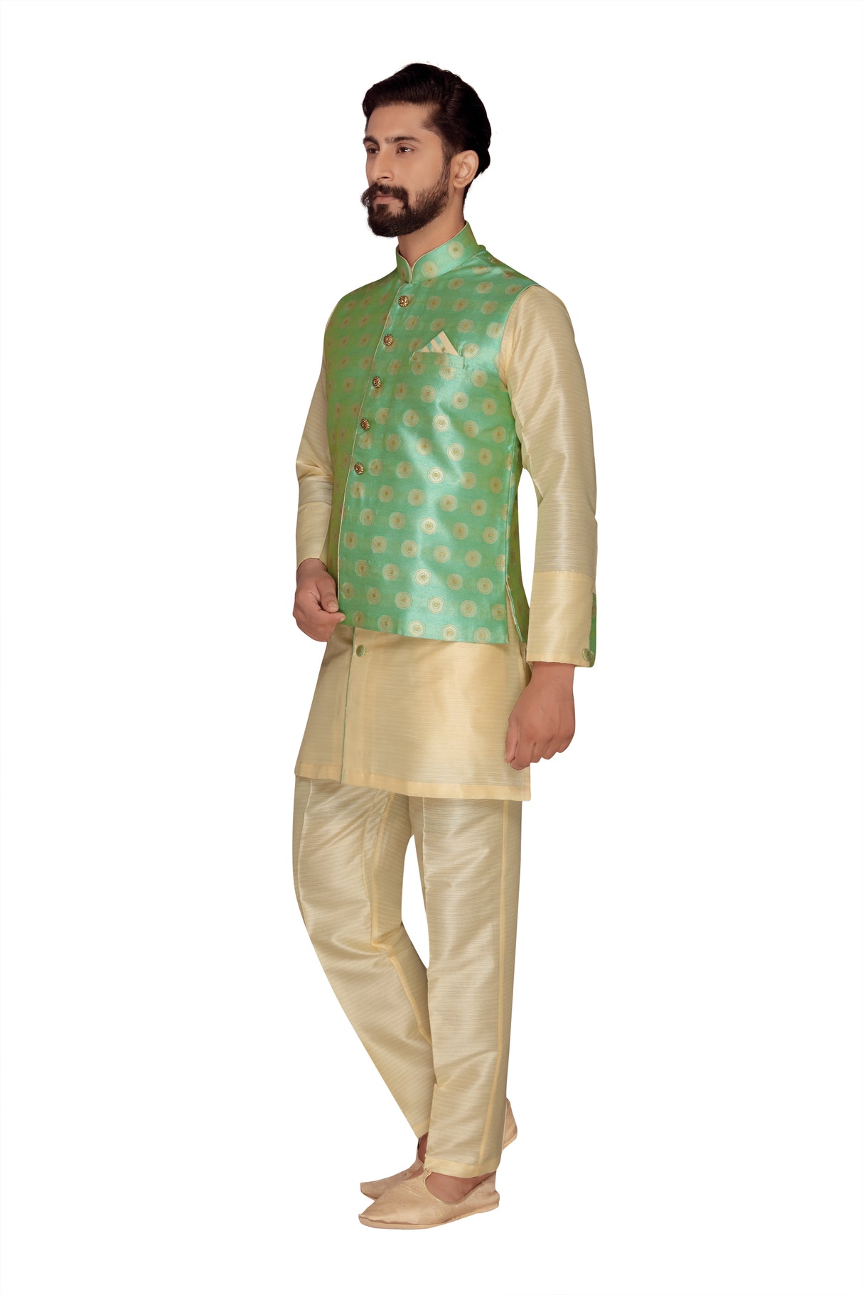 Men's Jacquard Nehru Jacket With Kurta Pajama Set In Pista Green