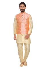 Men's Jacquard Nehru Jacket With Kurta Pajama Set In Baby Pink