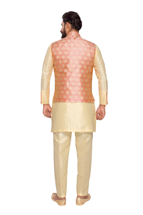 Men's Jacquard Nehru Jacket with Kurta Pyjama Set in Baby Pink