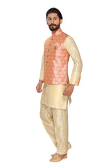 Men's Jacquard Nehru Jacket With Kurta Pajama Set In Baby Pink