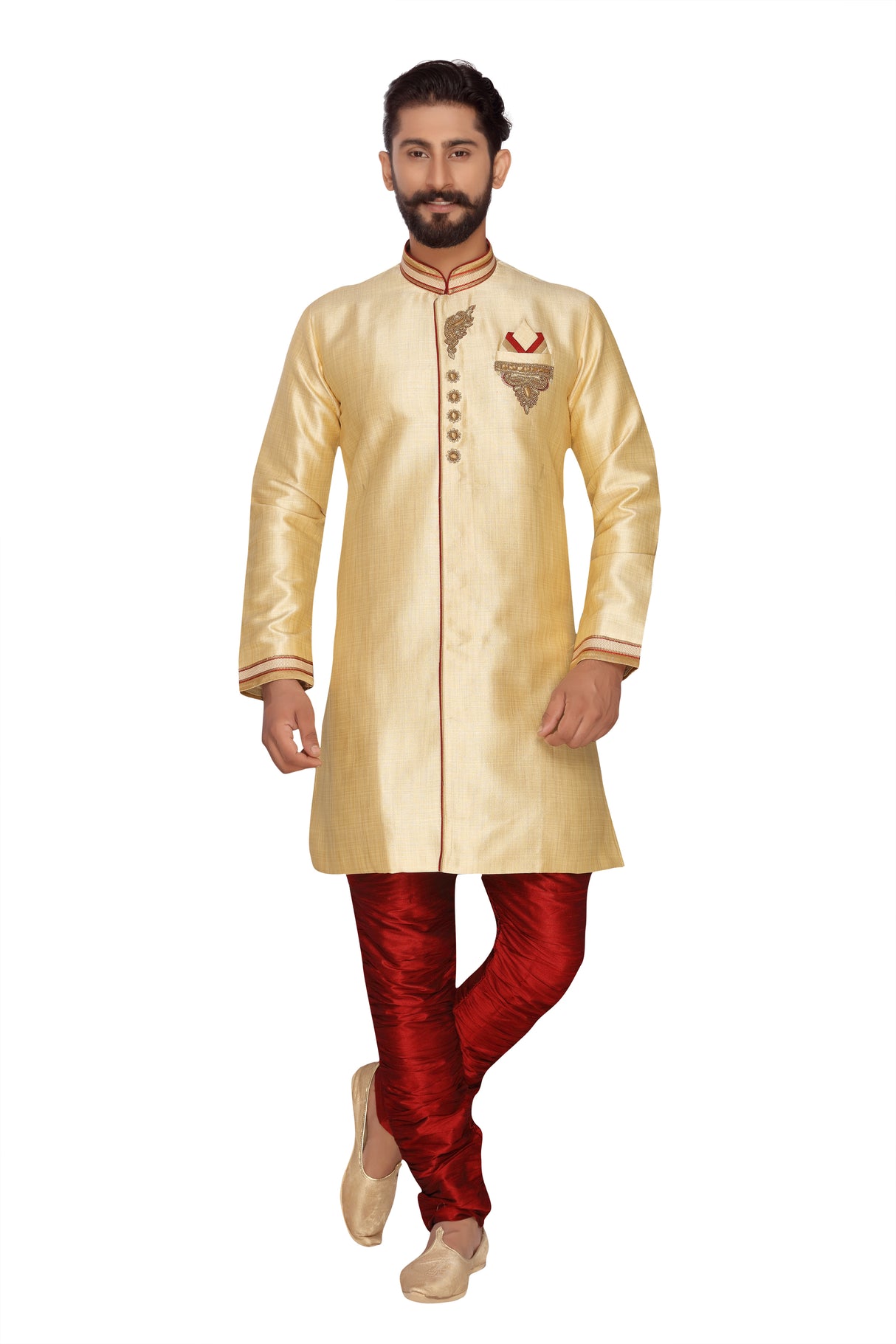 Men's Jacquard Indo Western Sherwani In Beige Cream