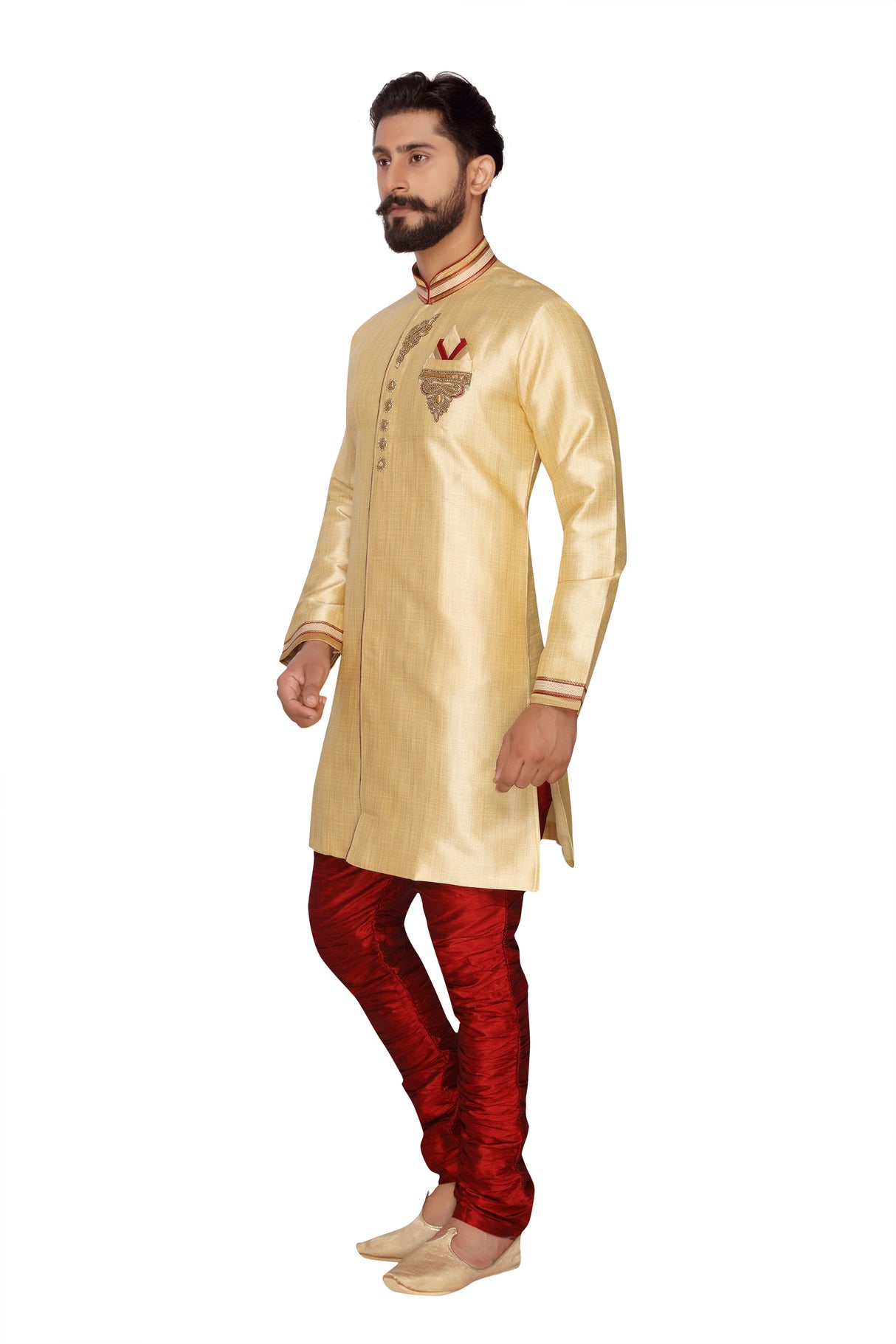 Men's Jacquard Indo Western Sherwani In Beige Cream