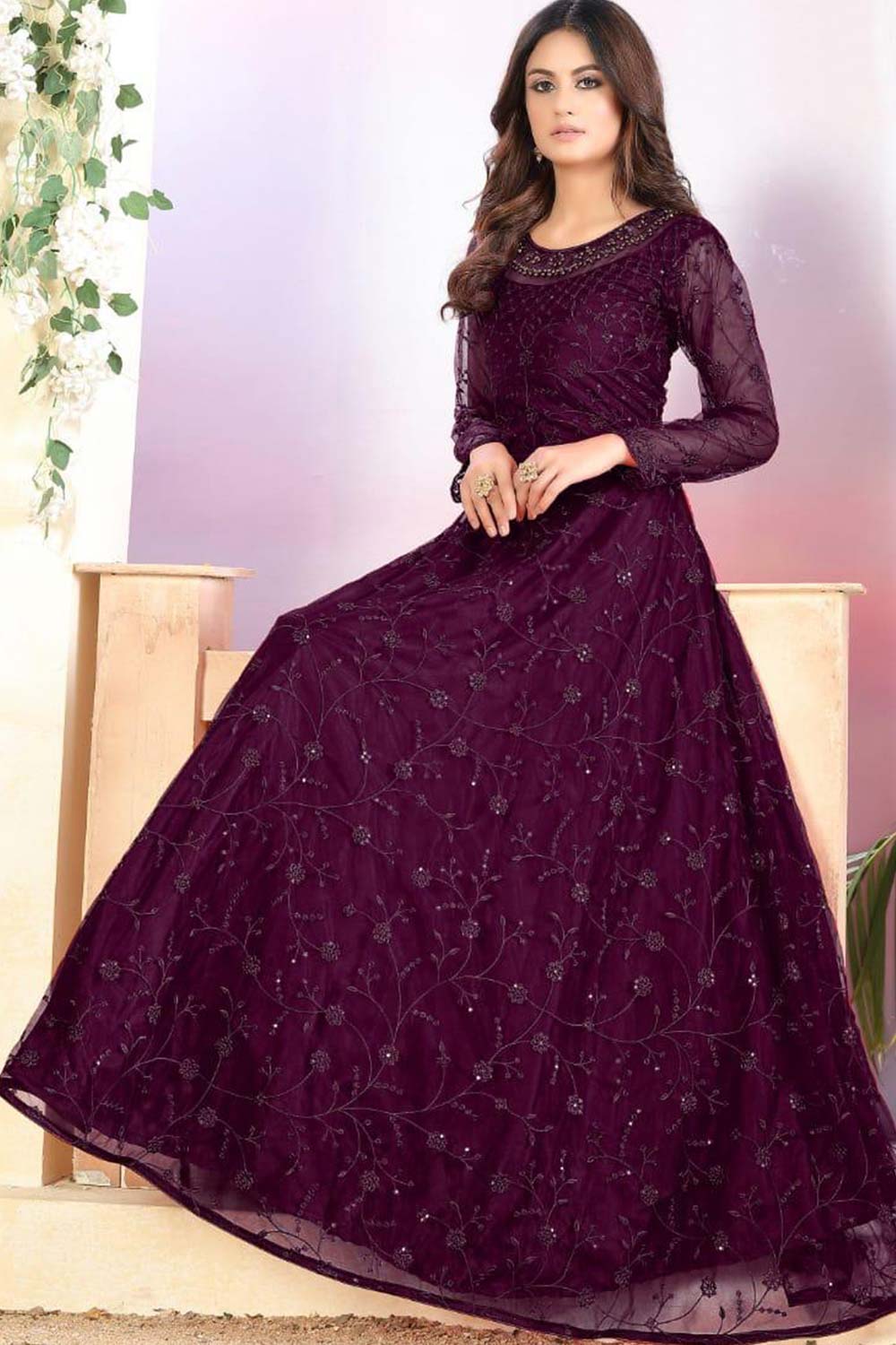 Buy purple net resham embroidery Anarkali Suit Set Online - Back