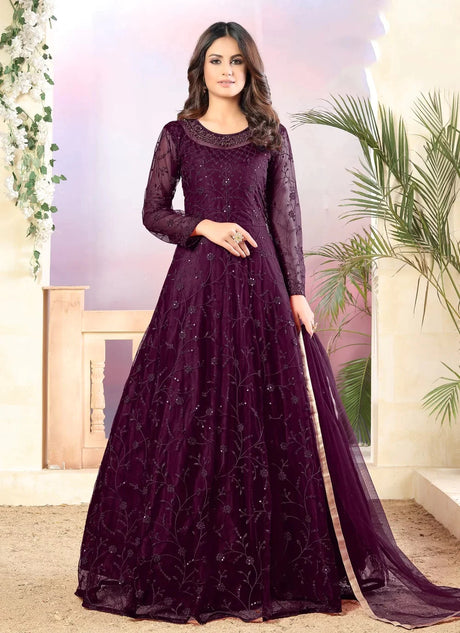 Buy purple net resham embroidery Anarkali Suit Set Online - Front