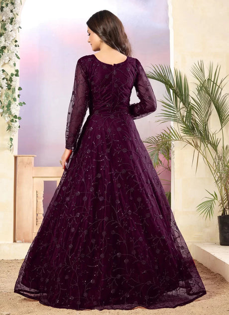 Buy purple net resham embroidery Anarkali Suit Set Online - Side