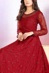 Red Net Resham Embroidery Anarkali Suit Set