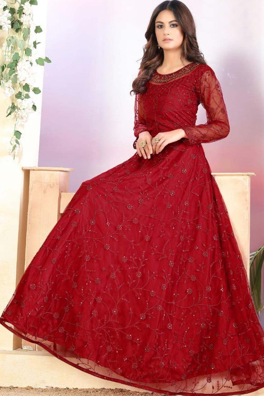 Buy red net resham embroidery Anarkali Suit Set Online - Back
