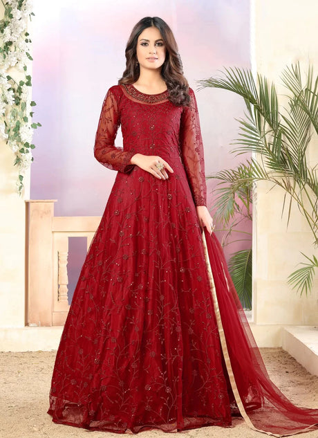 Buy red net resham embroidery Anarkali Suit Set Online - Front