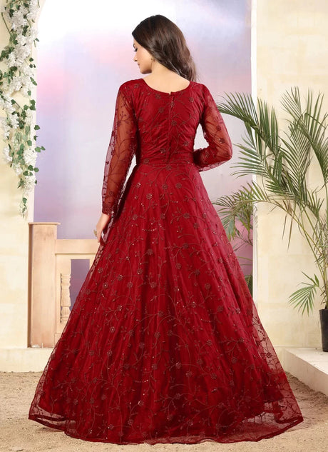 Buy red net resham embroidery Anarkali Suit Set Online - Side