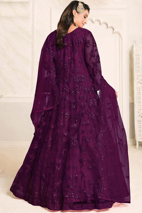 Buy Wine Net resham embroidery Anarkali Suit Set Online - Back