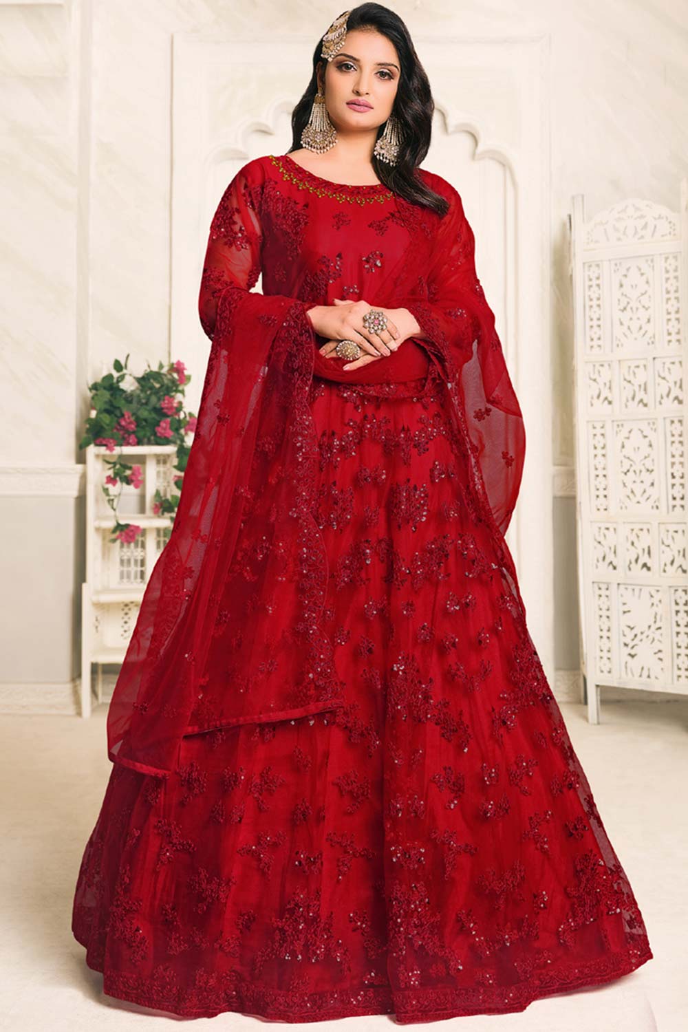 Red Net Resham Embroidery Anarkali Suit Set