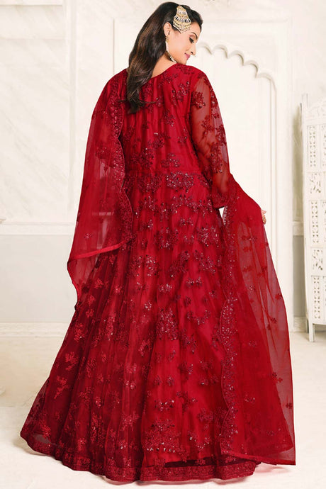 Buy Red Net resham embroidery Anarkali Suit Set Online - Back