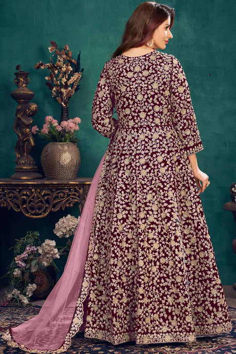 Buy Wine Velvet resham embroidery Anarkali Suit Set Online - Back