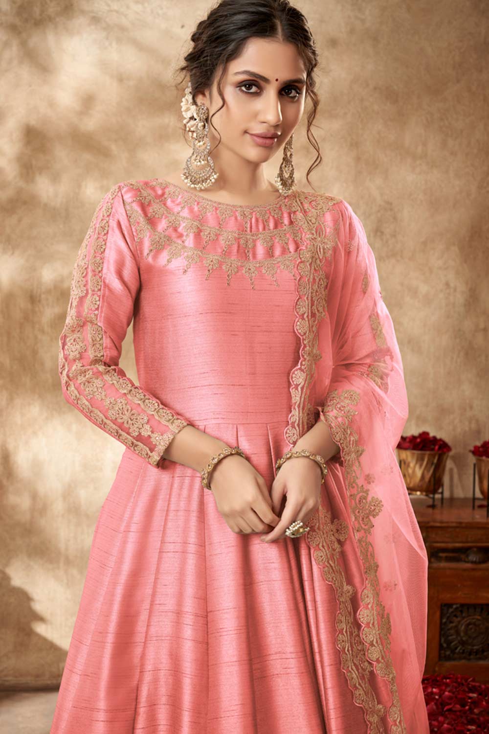 Buy Baby-pink Art silk resham embroidery Anarkali Suit Set Online - Back