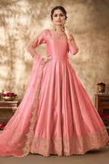 Buy Baby-pink Art silk resham embroidery Anarkali Suit Set Online - Front