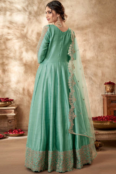 Buy Sky-blue Art silk resham embroidery Anarkali Suit Set Online - Back