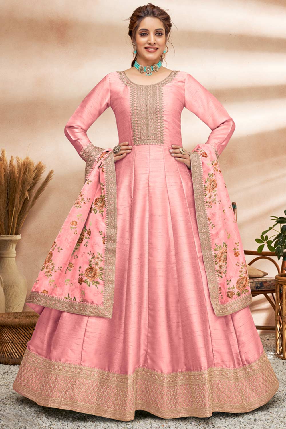 Buy Pink Art silk resham embroidery Anarkali Suit Set Online - Front