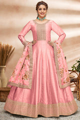 Buy Pink Art silk resham embroidery Anarkali Suit Set Online - Front