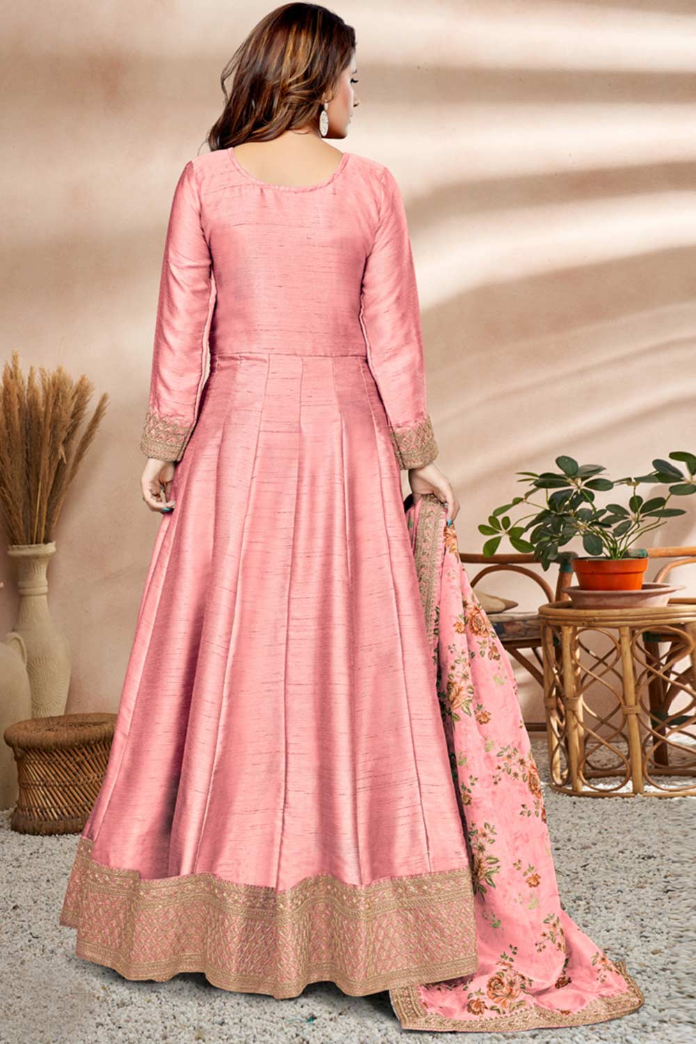 Buy Pink Art silk resham embroidery Anarkali Suit Set Online - Side