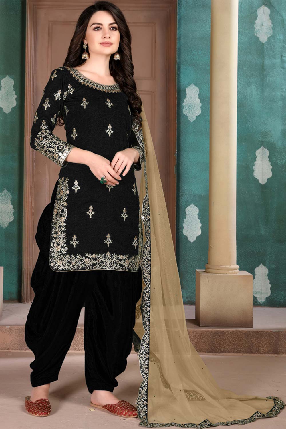 Buy Black Art silk resham embroidery Patiala Suit Set Online - Back