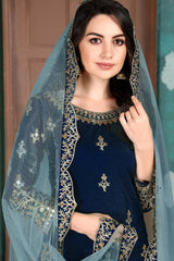 Blue Art Silk Resham Embroidery Patiala Suit Set